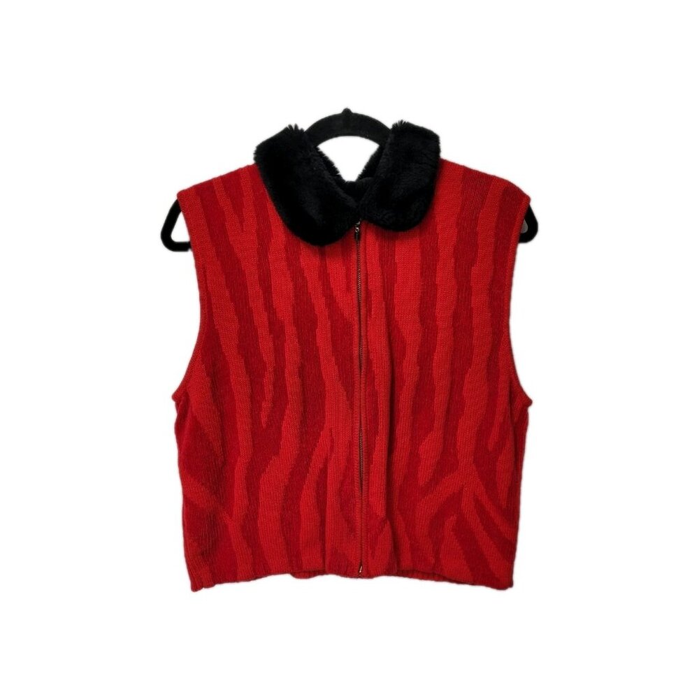 VTG Rebecca Thomas Red Black Faux Fur Collar Zip Front Zebra Print Rib Knit Vest - Picture 11 of 11